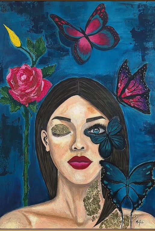 Papillons de Nuit Bleue — Acrylique et feuille d'or sur toile de Moufida Benkhalifa